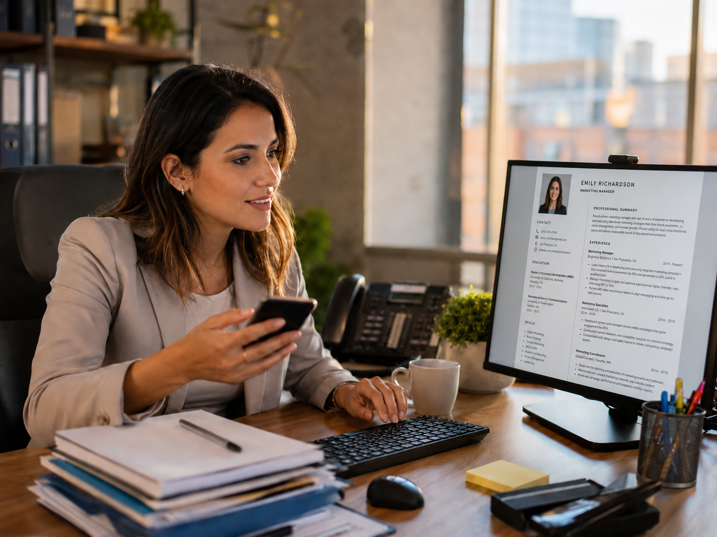 Recrutadora acessando portfólio profissional no monitor e celular